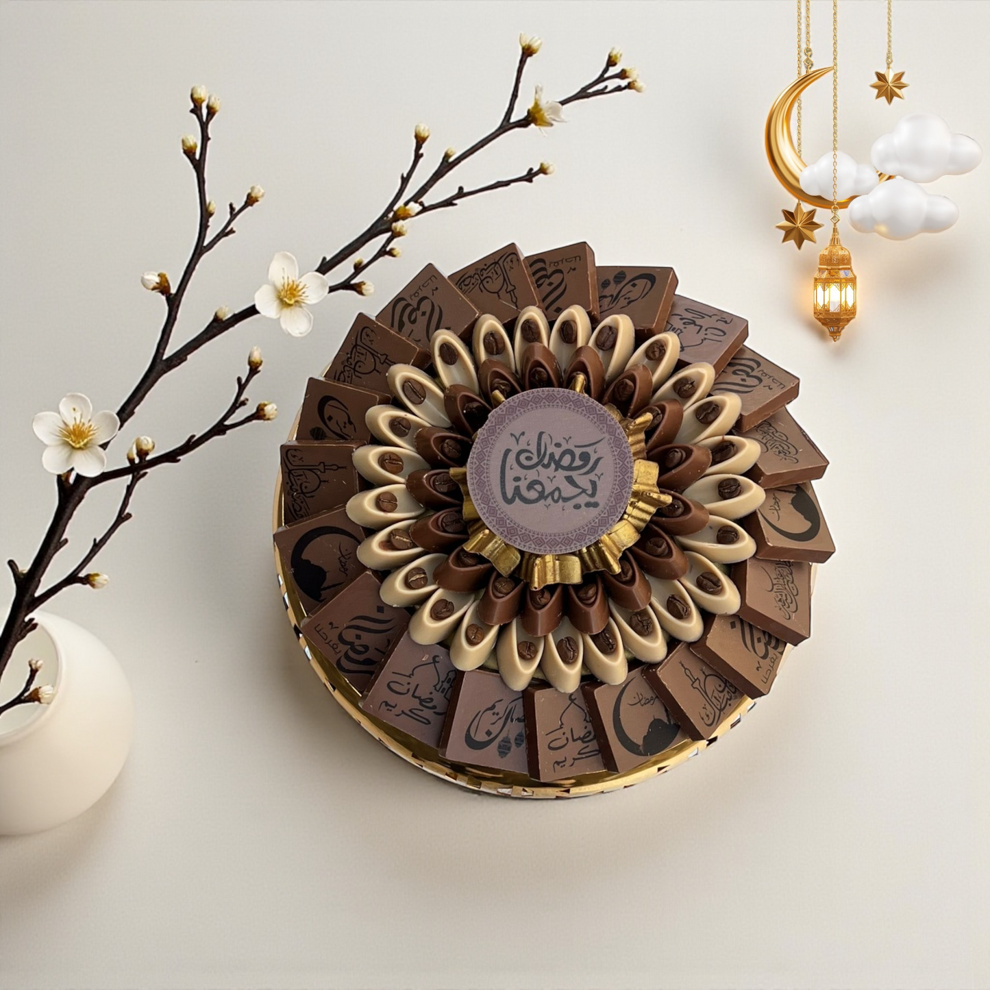 Elegant Stainless Steel Platter with Wrapped Chocolates صحن ستانلس ستيل راقي مع شوكليت مغلّف