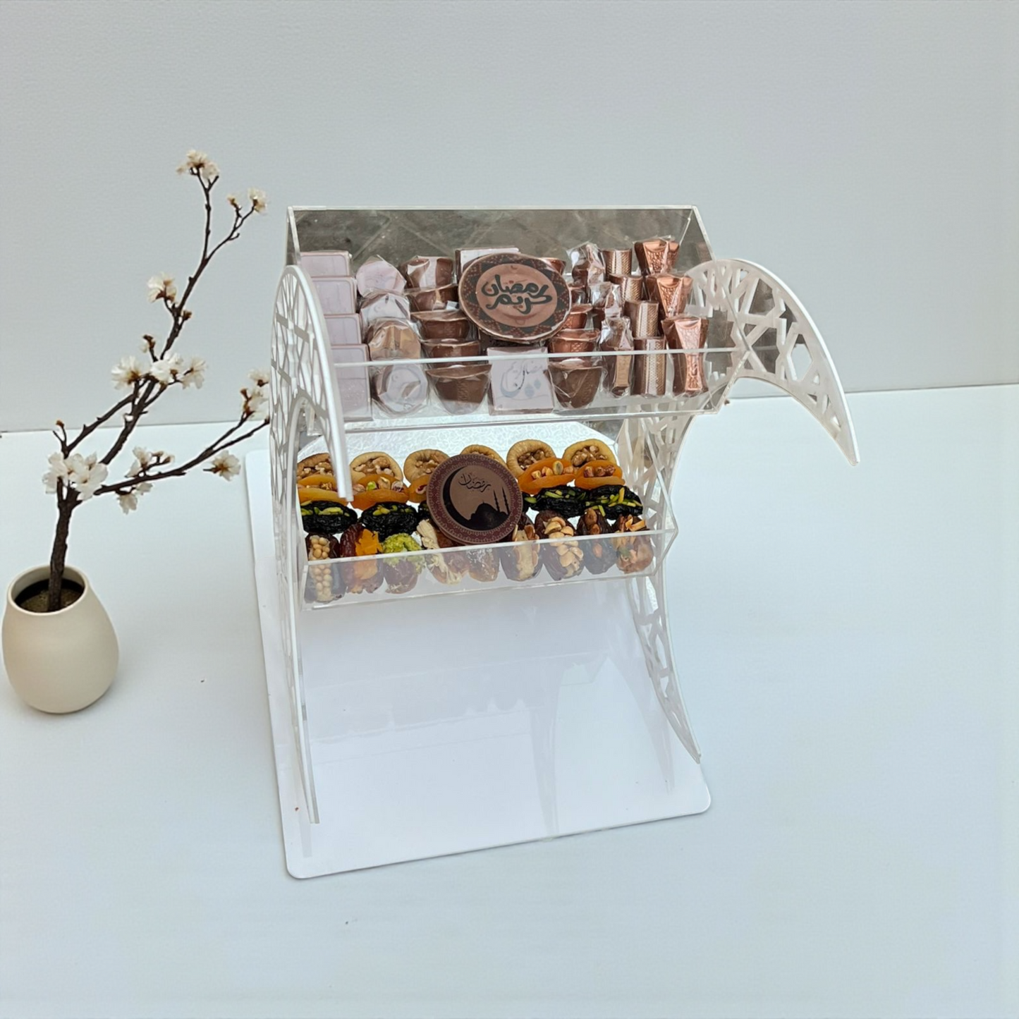 Two-Tier Acrylic Stand with Wooden Ramadan Crescent – Dates & Chocolate Display استاند طابقين أكريليك مع خشب هلال رمضان – تمر وشوكليت