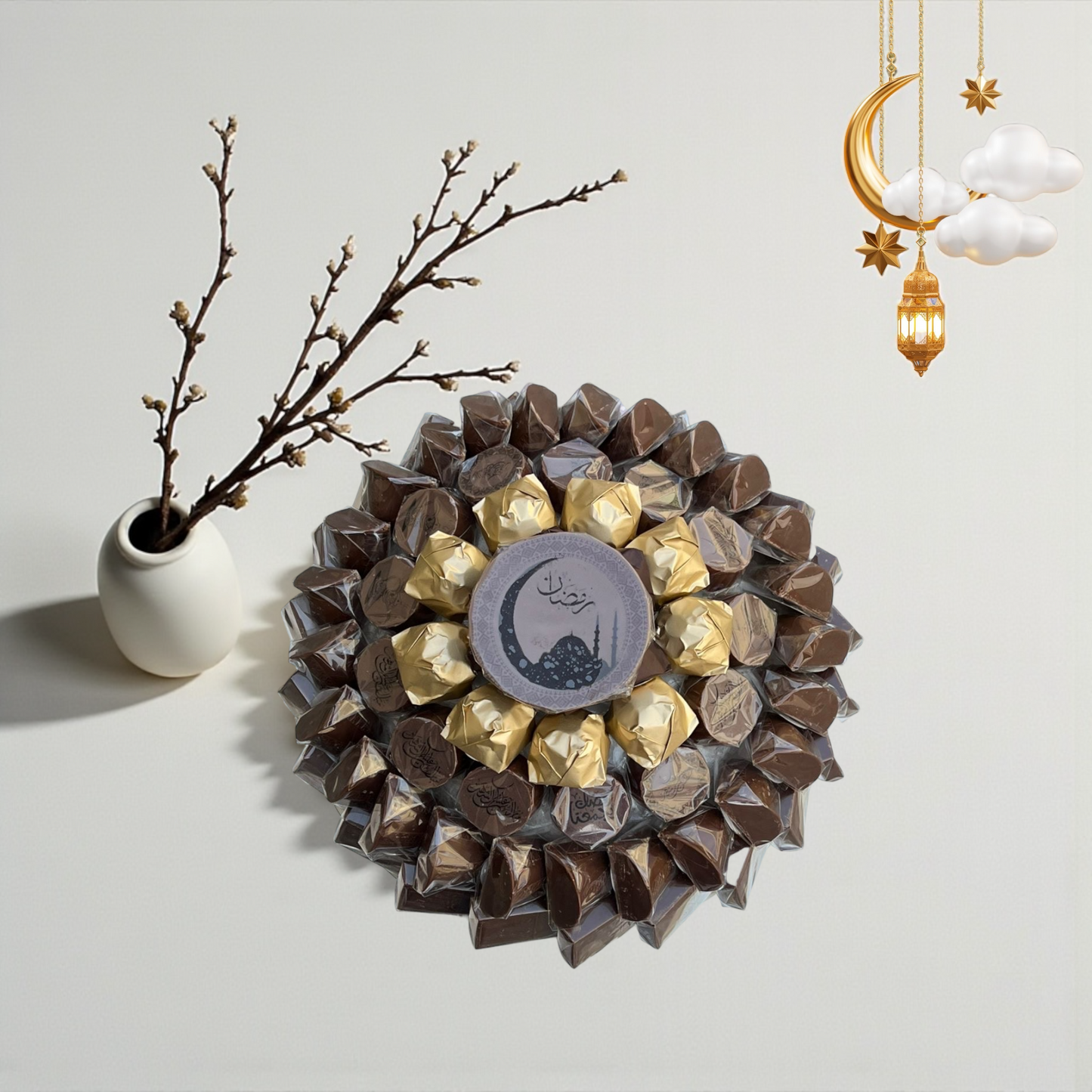 Luxury Porcelain Platter with Belgian Mixed Chocolates (Wrapped) صحن بورسلين فاخر مع شوكليت ميكس بلجيكي مغلّف