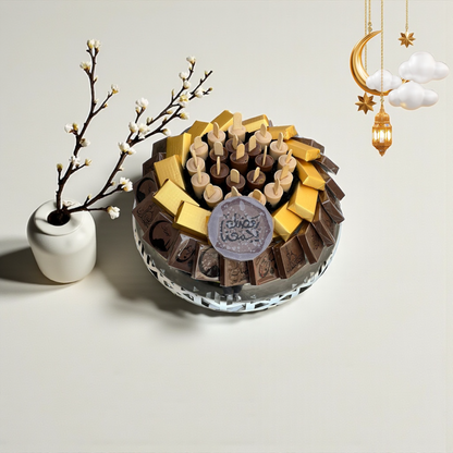 Elegant Stainless Steel Platter with Wrapped Chocolates صحن ستانلس ستيل راقي مع شوكليت مغلّف