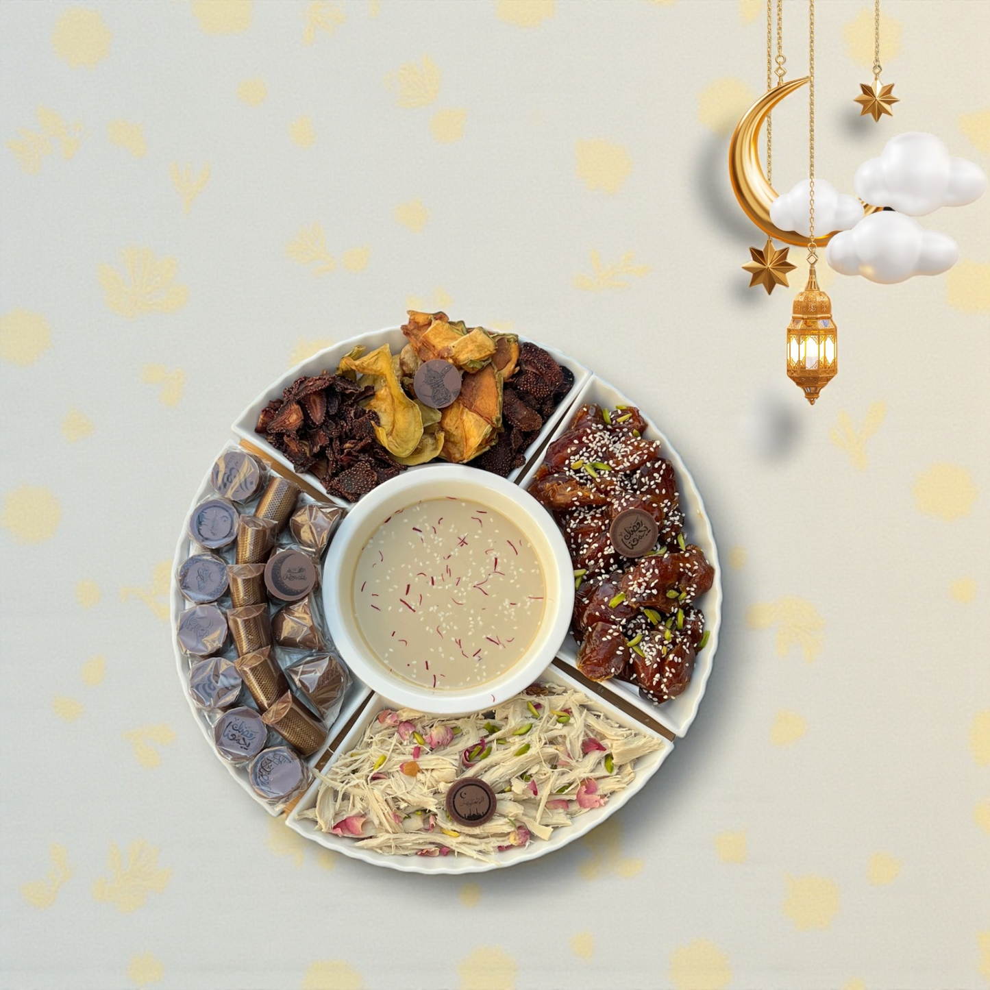 Luxury Porcelain Platter with Crunchy Chocolate Mix, Royal Khalas Dates, Figs & Apricotsصحن بُورسلين فاخر ميكس شوكليت رهش مع خلاص ملكي وتين ومشمش