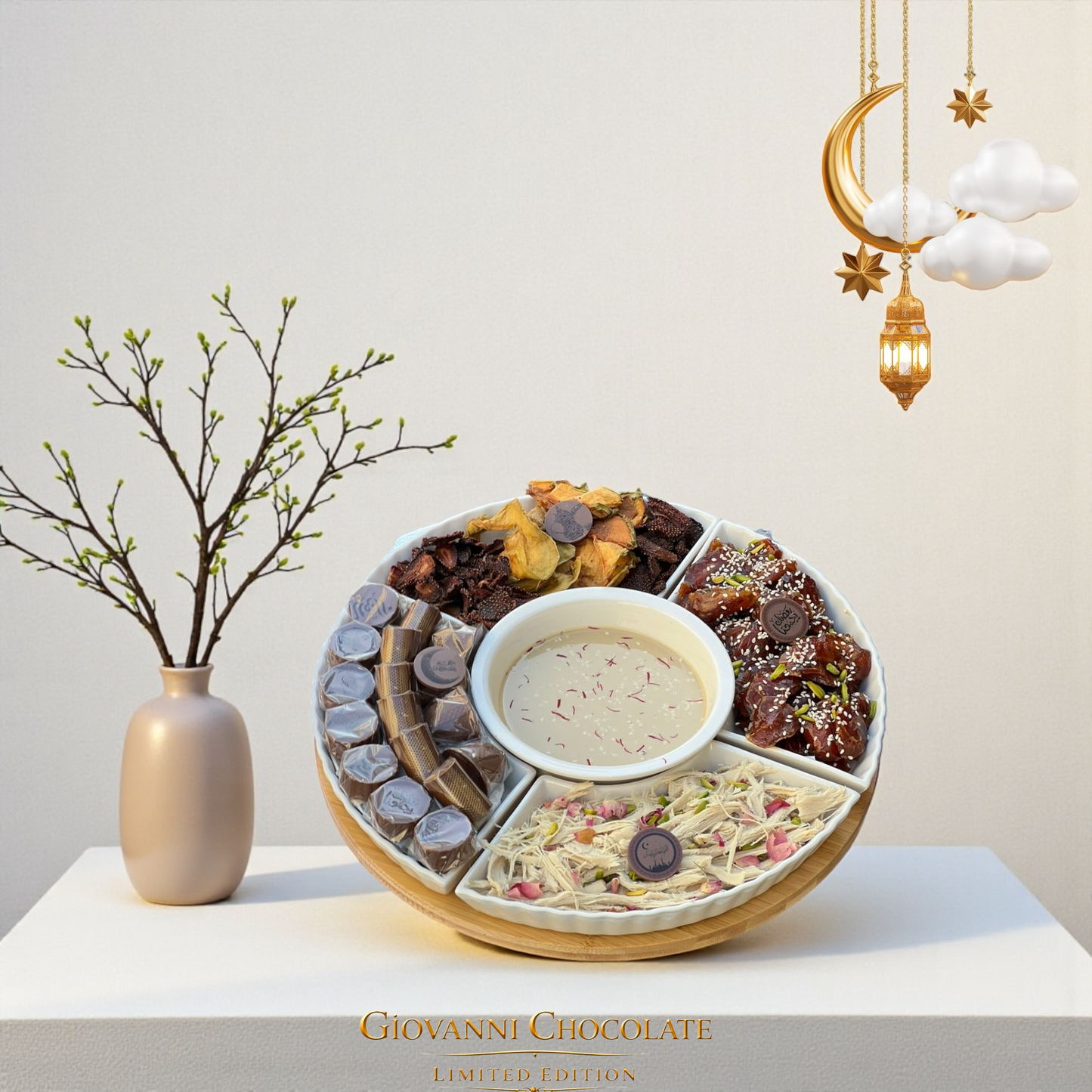Luxury Porcelain Platter with Crunchy Chocolate Mix, Royal Khalas Dates, Figs & Apricotsصحن بُورسلين فاخر ميكس شوكليت رهش مع خلاص ملكي وتين ومشمش