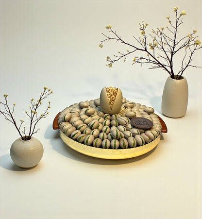 Luxury Stainless Steel Platter — Pistachio Praline, Kunafa & Grand Chocolate Egg صحن ستانلس ستيل فاخر — حبة الفستق والكنافة وبيضة الشوكليت الملكية