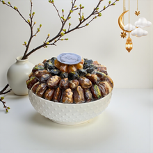 Luxury Porcelain Platter with Stuffed Dates, Figs & Nutty Prunes (Clear Wrapped) صحن بُورسلين فاخر مع تمور محشية وتين وقراصية بالمكسرات (تغليف شفاف)