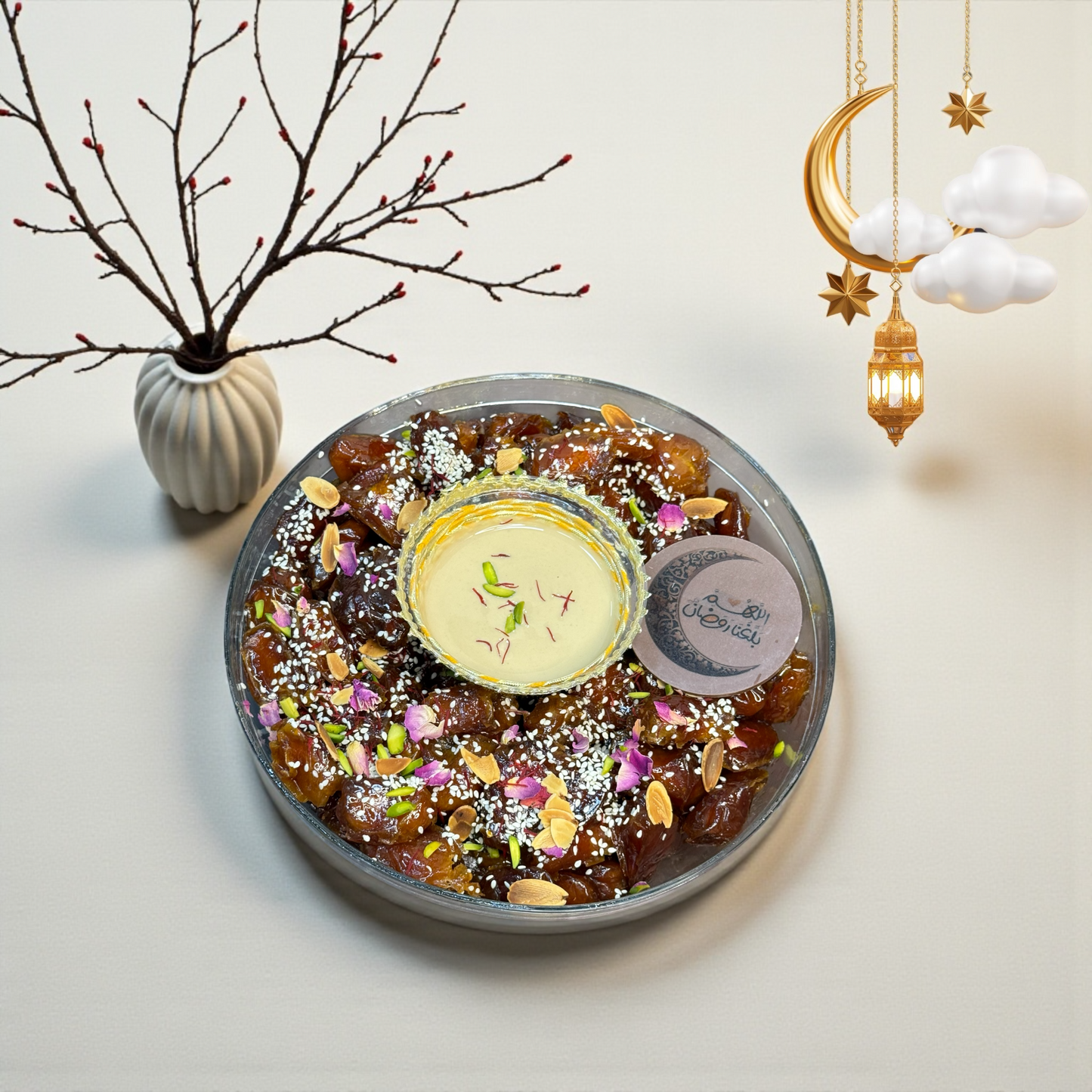 Luxury Heritage Acrylic Lantern Tray with Royal Khalas Dates & Nuts & Saffron  2.2 kgصحن فانوس أكريليك تراثي فاخر مع تمر خلاص ملكي بالمكسرات والزعفران