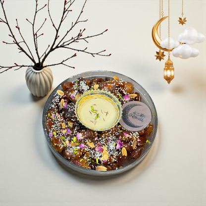 Luxury Heritage Acrylic Lantern Tray with Royal Khalas Dates & Nuts & Saffron  2.2 kgصحن فانوس أكريليك تراثي فاخر مع تمر خلاص ملكي بالمكسرات والزعفران