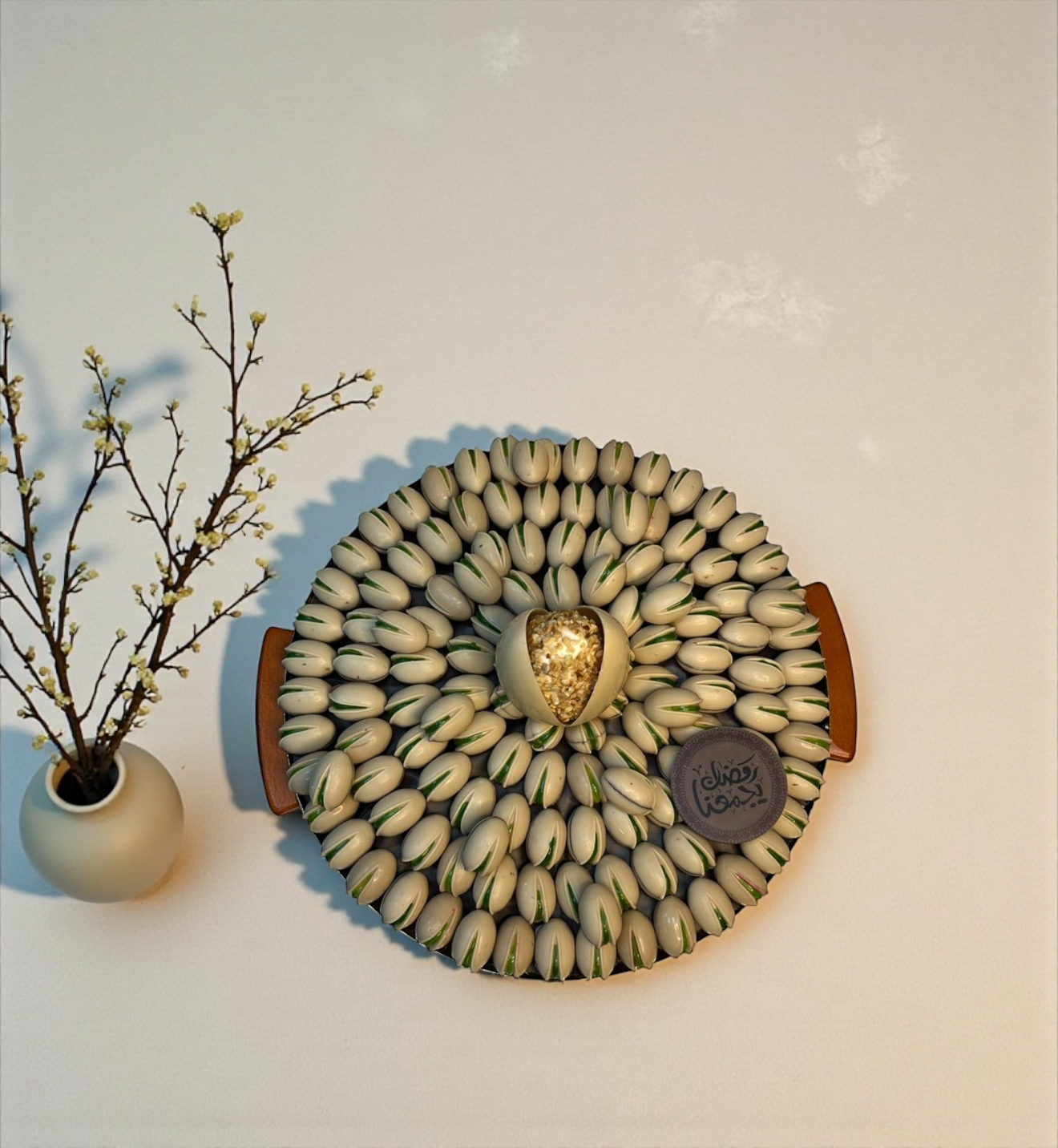 Luxury Stainless Steel Platter — Pistachio Praline, Kunafa & Grand Chocolate Egg صحن ستانلس ستيل فاخر — حبة الفستق والكنافة وبيضة الشوكليت الملكية