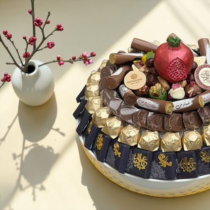Porcelain Tray with Special Eid Wrapped Chocolates &amp; Signature Chocolates صحن بورسلين مع شوكليت مغلف اسبيشال للعيد مع شوكليت سجنتشر