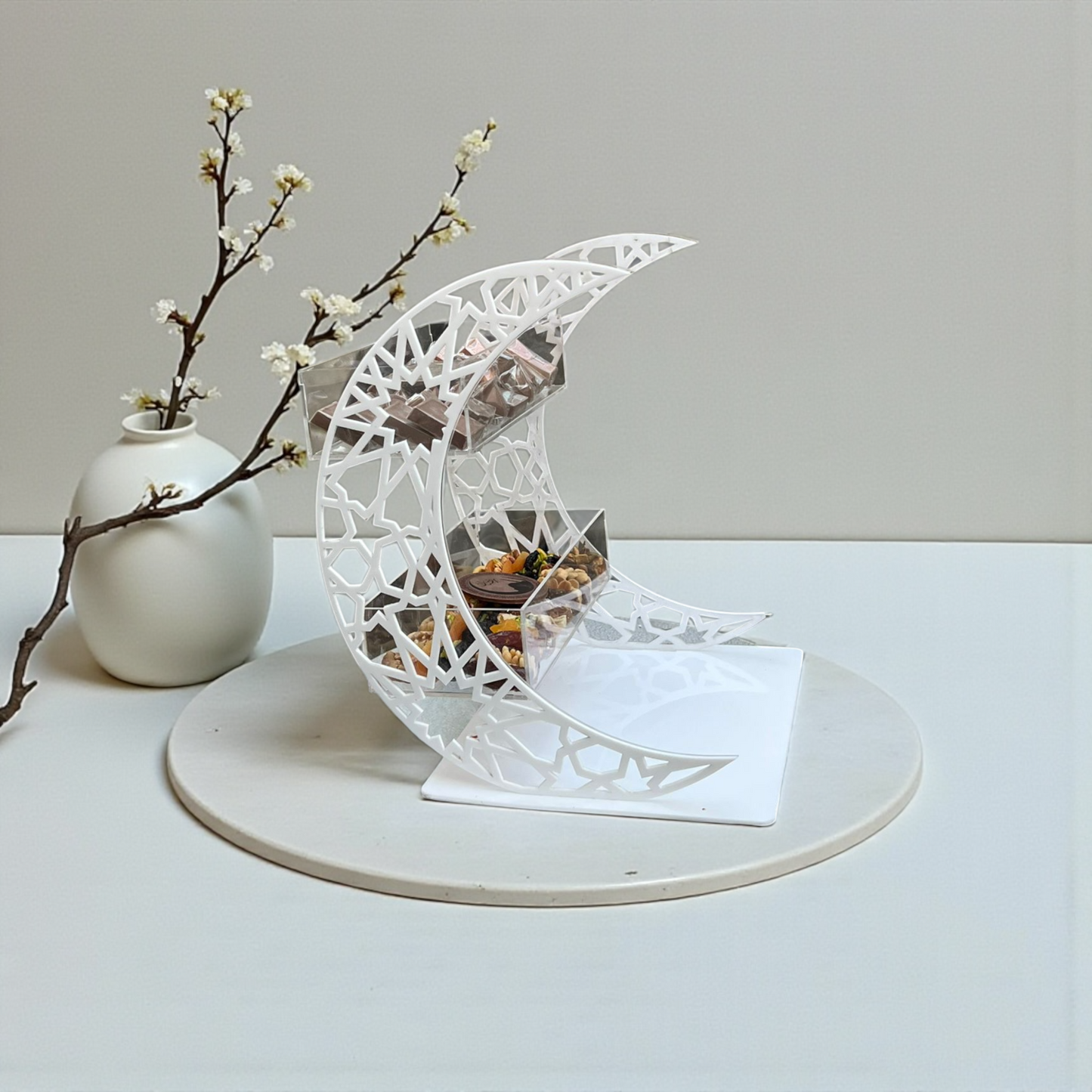 Two-Tier Acrylic Stand with Wooden Ramadan Crescent – Dates & Chocolate Display استاند طابقين أكريليك مع خشب هلال رمضان – تمر وشوكليت