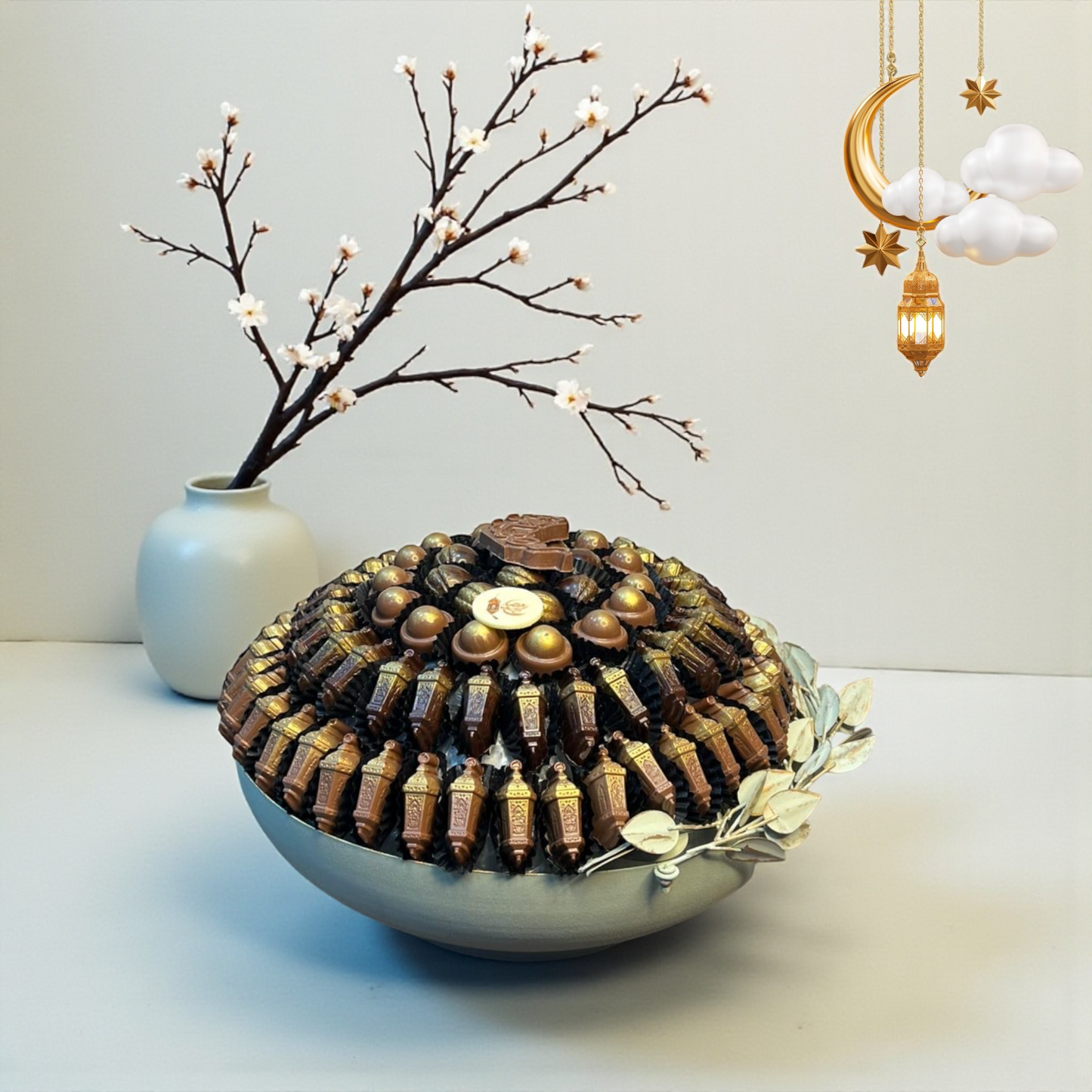 Elegant Metal Platter with Kinder Crunch, Nutella & Filled Chocolates  صحن ميتال راقي بحلاوة كيندر رهش ونوتيلا مع شوكليت محشوة