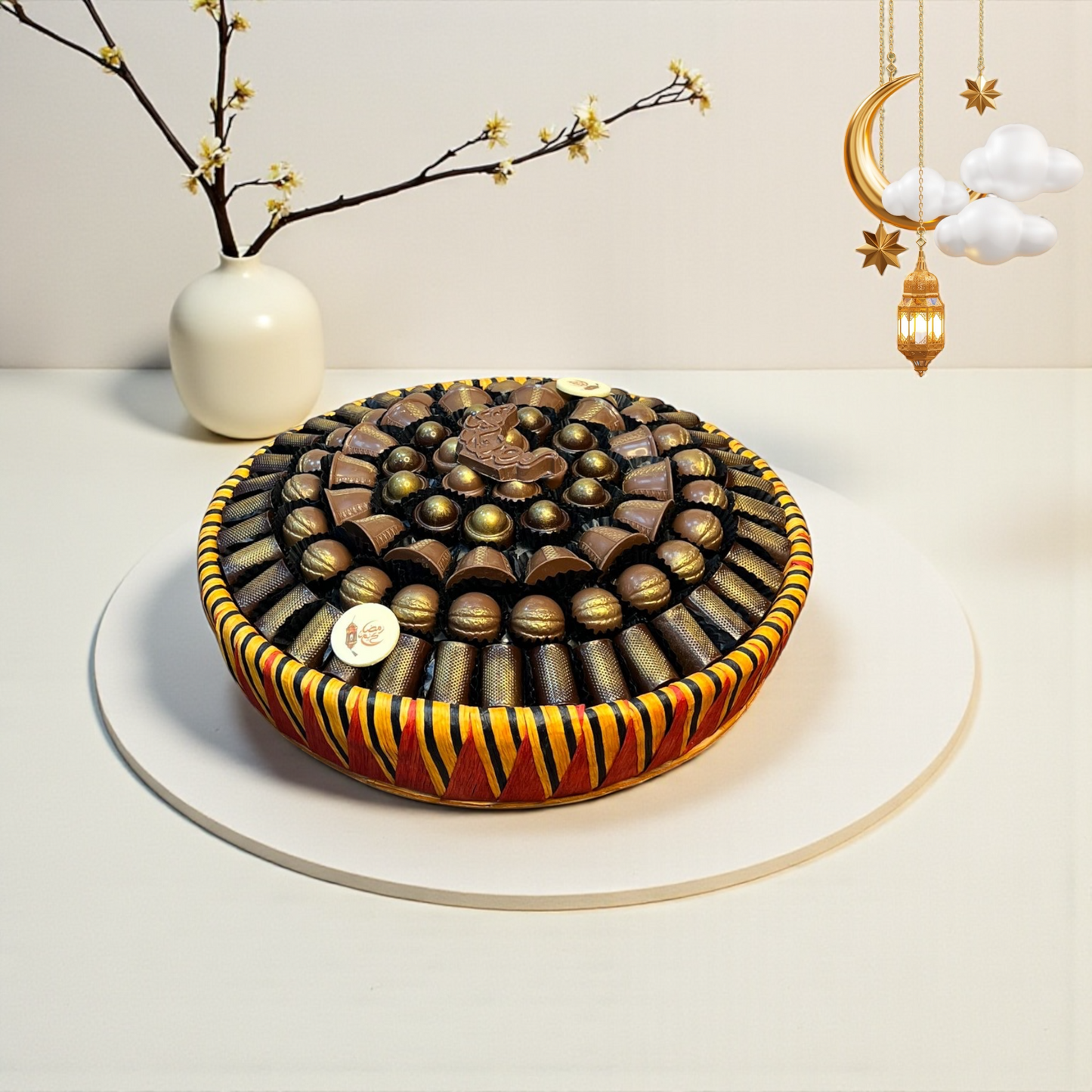 Luxury Palm Basket Platter with Ramadan Stuffed Chocolates  صحن خوص فاخر مع شوكليت رمضان بحشوات مميزة — 1 كجم