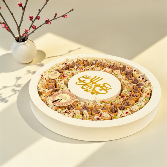Luxury Round Acrylic Platter – Giovanni New Spring Roll Rahash Flake &amp; Chocolate Flake صحن اكريليك دائري فاخر مع جديد جيوفاني سبرنج رول رهش فليك وشوكليت فليك