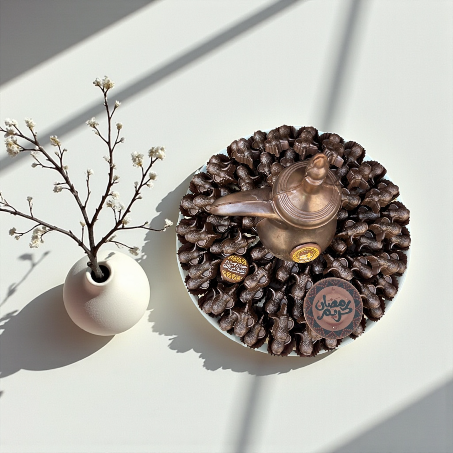 Luxury Porcelain Plate with Chocolate Dallah Selection – صحن بورسلين فاخر مع شوكليت الدلة – تشكيلة رمضانية 1000 جرا