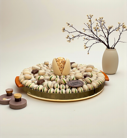 Luxury Stainless Steel Platter — Pistachio Praline, Kunafa  صحن ستانلس ستيل فاخر — حبة الفستق والكنافة