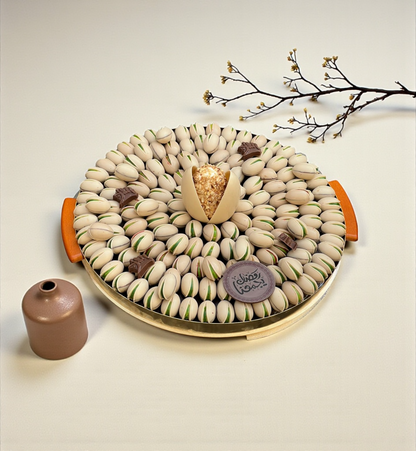 Luxury Stainless Steel Platter — Pistachio Praline, Kunafa  صحن ستانلس ستيل فاخر — حبة الفستق والكنافة