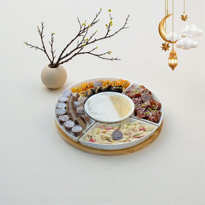 Luxury Porcelain Platter with Crunchy Chocolate Mix, Royal Khalas Dates, Figs & Apricotsصحن بُورسلين فاخر ميكس شوكليت رهش مع خلاص ملكي وتين ومشمش