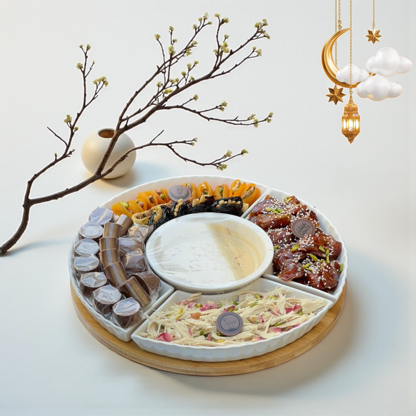Luxury Porcelain Platter with Crunchy Chocolate Mix, Royal Khalas Dates, Figs & Apricotsصحن بُورسلين فاخر ميكس شوكليت رهش مع خلاص ملكي وتين ومشمش