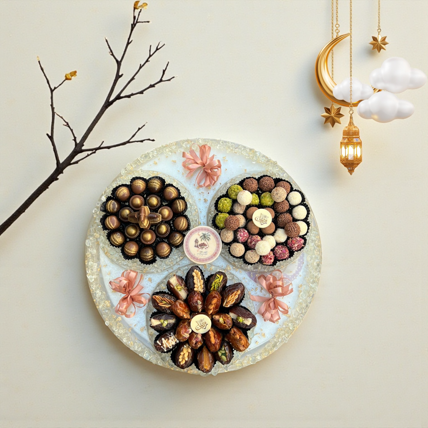 Luxury Three-Section Platter with Dates, Figs, French Truffles & Belgian Chocolate صحن بورسلين فاخر بثلاثة أطباق مع تمر وتين وترافل فرنسي وشوكولاتة بلجيكية — 1.1 كجم