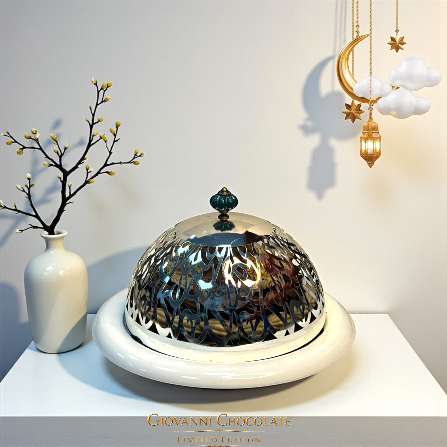 Luxury Porcelain Platter with Engraved Arabic Stainless Steel Dome صحن بروسيلين فاخر بغطاء ستانلس ستيل محفور بحروف عربية
