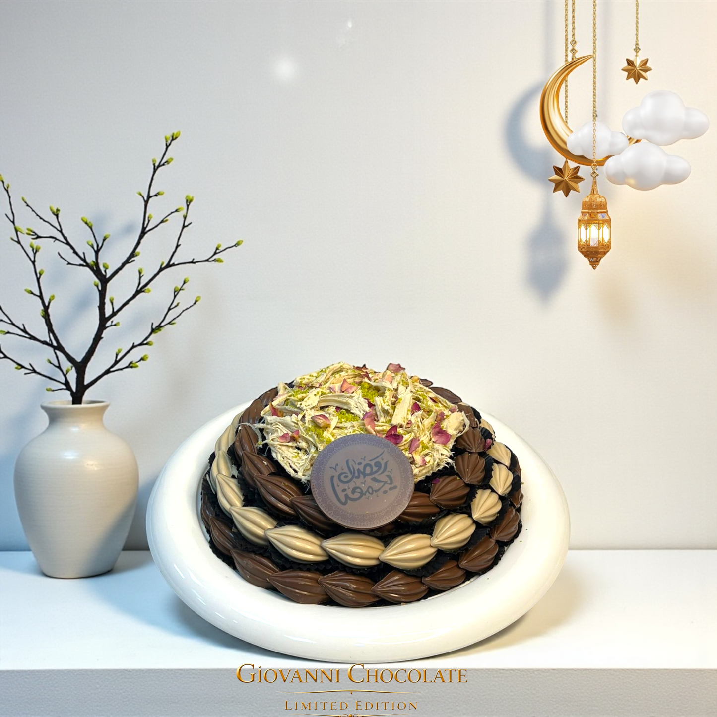 Luxury Porcelain Platter with Engraved Arabic Stainless Steel Dome صحن بروسيلين فاخر بغطاء ستانلس ستيل محفور بحروف عربية
