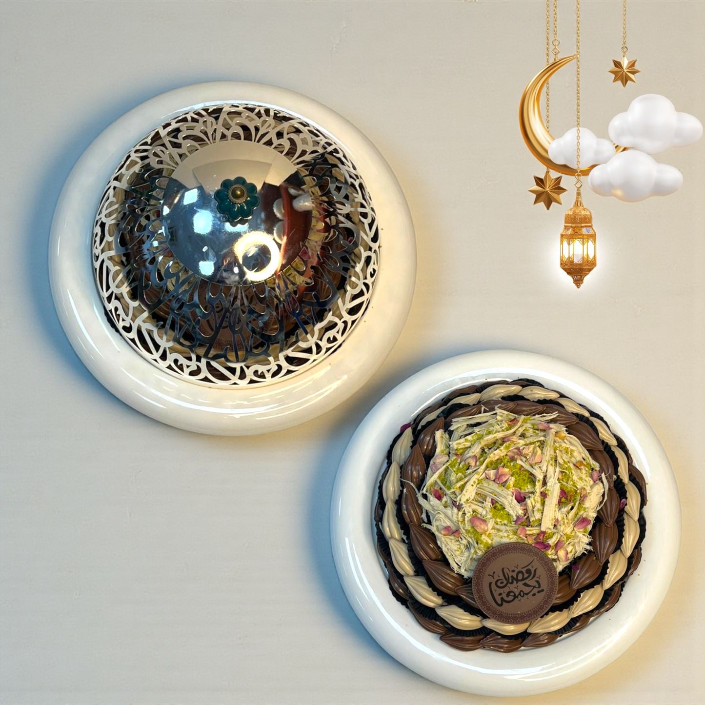 Luxury Porcelain Platter with Engraved Arabic Stainless Steel Dome صحن بروسيلين فاخر بغطاء ستانلس ستيل محفور بحروف عربية