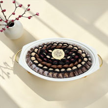 Belgian Chocolate Porcelain Platter with Glass Lid | صحن بورسلين بغطاء زجاجي وحامل ذهبي مع تشكيلة شوكليت بلجيكي