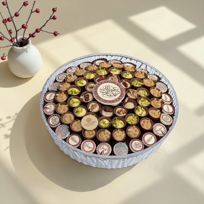 Eid Chocolate Cups & Printed Chocolate Acrylic Platter | صحن أكريليك بغطاء مع شوكليت كاب وشوكليت مطبوع